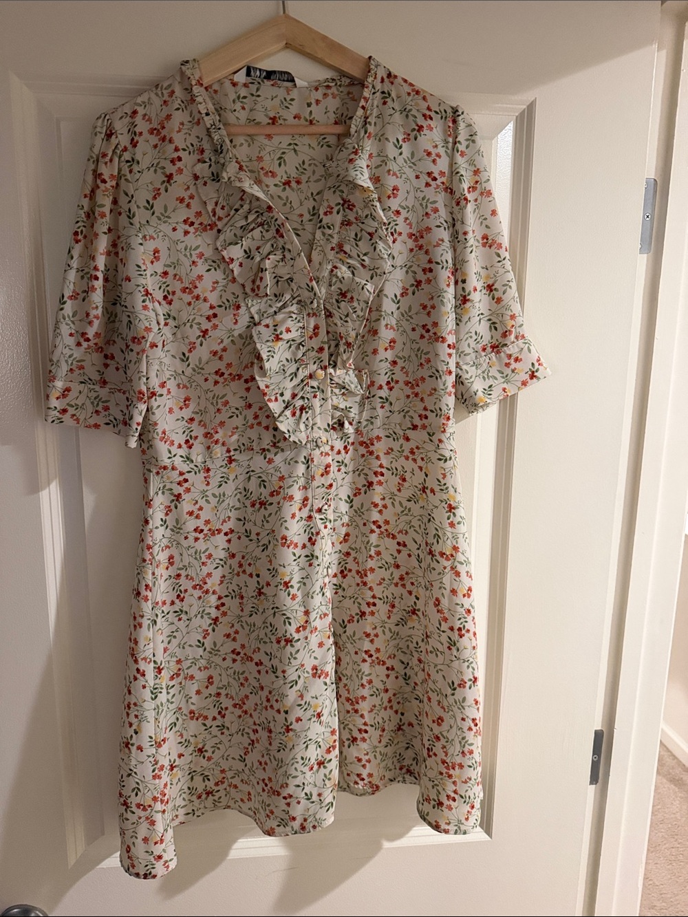 Zara Womens Cream Floral Ruffle Dress with Red & Green Flowery Print.